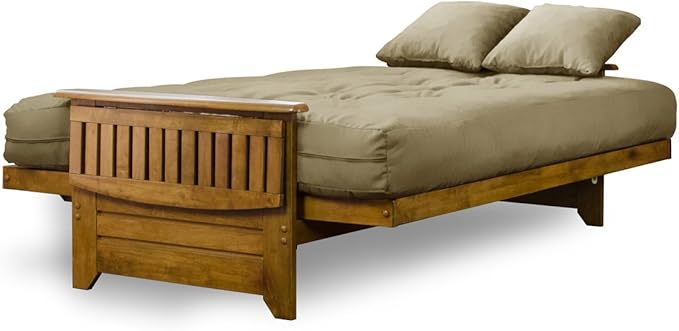 Nirvana Futons Brentwood Tray Arm Futon Sofabed Set - Queen Frame, 8" Thick Khaki Mattress, Rich Heritage Finish