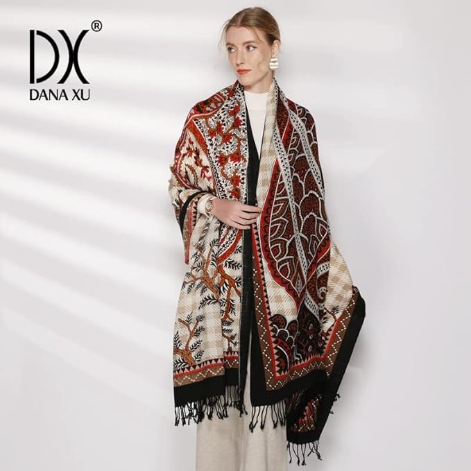 DANA XU 100% Merino Wool Pashmina Shawl for Women 96"x43", Oversized Cashmere Wrap with Tassels, Floral Travel Blanket Cape