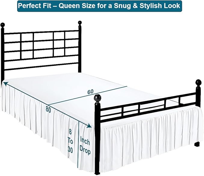 Shreem Linen Ruffled Bed Skirt with Split Corners, Gathered Style, 100% Microfiber, 28-Inch Drop, Dust Ruffle Bedskirt with Platform, Queen, White