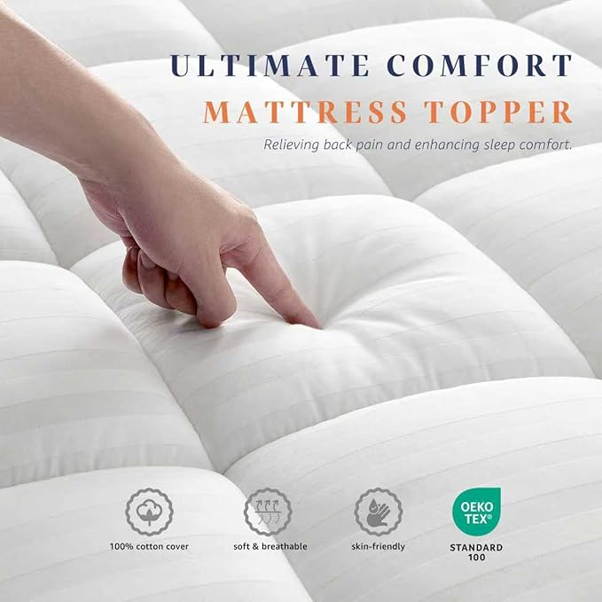 Full Size Thick Mattress Pad with 100% Cotton Cover - Naturally Skin-Friendly and Breathable, Unique Deep Pocket Design Up to 22" (54 x 75 Inches, White)