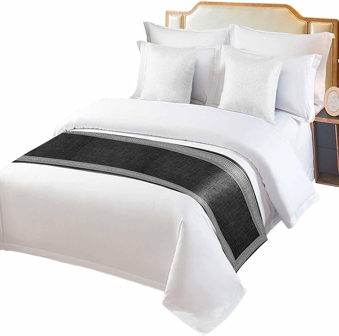 Greece Key Design Black White Bed Runners for Bedroom Hotel,Decorative Bedding Scarf Vintage Burlap Linen Bed End Blanket Bedding Runner Scarves for Full Size Bed,83x20in