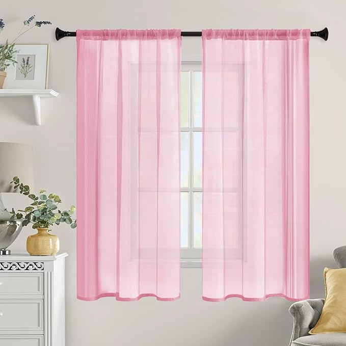 Sheer Curtains 45 Inches Long 2 Panels, Rod Pocket Short Curtain for Kitchen, Bedroom, Cafe Window(Pink 38" W x 45" L)