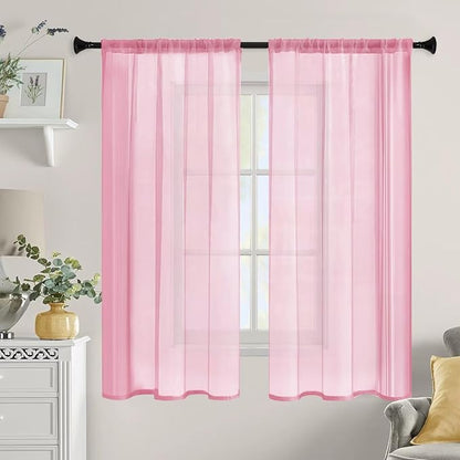 Sheer Curtains 45 Inches Long 2 Panels, Rod Pocket Short Curtain for Kitchen, Bedroom, Cafe Window(Pink 38" W x 45" L)