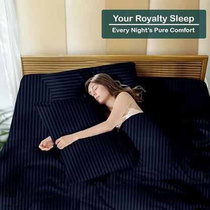 NON Sticky cotton Queen Size Sleeper Sofa Sheets, 4 Piece Egyptian Cotton Bed Sheet Set for Sofa Bed, 10" Deep Pocket for Pull Out Couch Mattress, 60" x 75", Navy Blue Stripe, Soft & Breathable