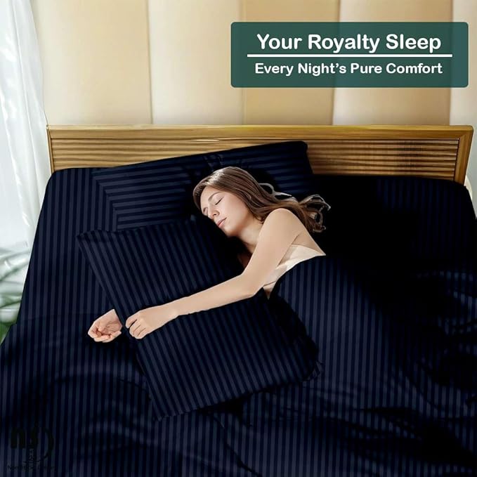 NON Sticky cotton Twin Size Sleeper Sofa Sheets, 4 Piece Egyptian Cotton Bed Sheet Set for Sofa Bed, 8" Deep Pocket for Pull Out Couch Mattress, 39" x 75", Navy Blue Stripe, Soft & Breathable