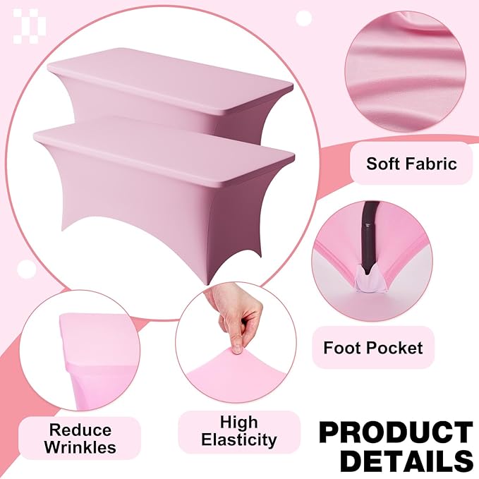 Trlyc 2 Pack 6FT Spandex Table Cloth - 72 x 30 Inch Rectangular Stretch Tablecloth, Wrinkle Resistant Scretch Table Cover for Wedding, Party, Banquet, Picnic, Outdoor Decoration (2Pcs,Pink)