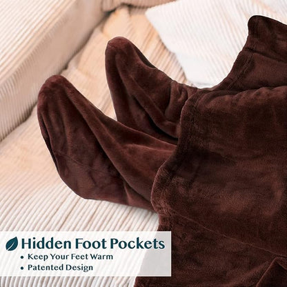 PAVILIA Fleece Blanket with Sleeves, Foot Pockets for Women Men Adults, Plush Wearable Blanket Throw Wrap, Warm Snuggle Blanket Robe, Cozy Gift Ideas Wife Mom, Brown