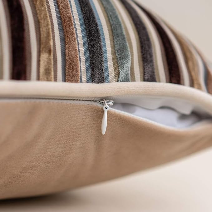 Yangest Brown Striped Throw Pillow Cover Multicolor Velvet Cushion Cover Modern Bohemian Pillowcase for Sofa Couch Bedroom Living Room Home Christmas Decoration,16x16 Inch