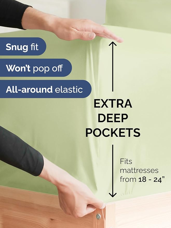 Extra Deep Full Fitted Sheet - Hotel Luxury Single Fitted Sheet Only - Easily Fits 18 inch to 24 inch Mattress - Ultra Soft, Wrinkle Free w/Extra Deep Pockets - Breathable & Comfy - Light Sage Green