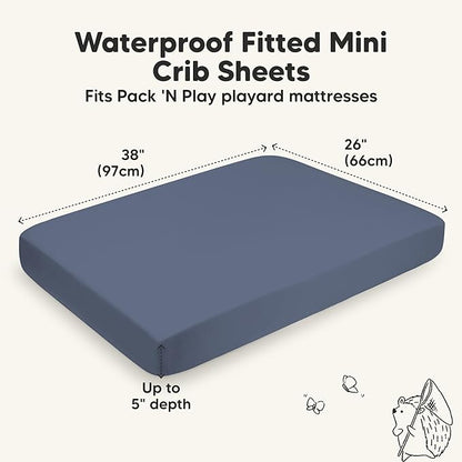 2-Pack Waterproof Pack and Play Sheets, Mini Crib Sheets Fitted for Boy, Girl - 38 x 26 Viscose from Bamboo Pack N Play Mattress Sheets for Graco, Toddler Playard Baby Crib Sheets Neutral(Maritime)