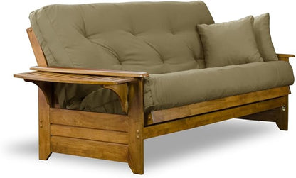 Nirvana Futons Brentwood Tray Arm Futon Sofabed Set - Queen Frame, 8" Thick Khaki Mattress, Rich Heritage Finish