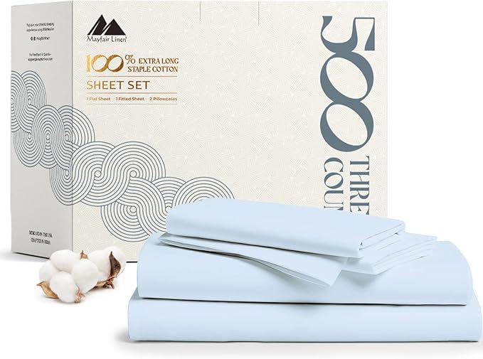Mayfair Linen 100% Cotton Bed Sheets King Sheet Set - 500 Thread Count Sheets King Size 4 PC Set (Light Blue), Soft, Cooling, Hotel-Quality 16" Deep Pocket Sateen Cotton Bedsheet for Hot Sleepers