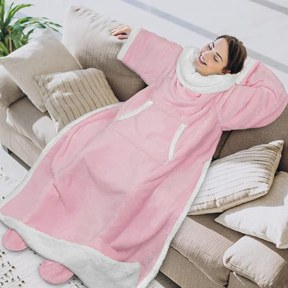 PAVILIA Sherpa Blanket with Sleeves, Foot Pocket for Women Men Adults, Thick Wearable Blanket Throw Wrap, Fleece Warm Snuggle Blanket Robe, Cozy Gift Ideas Wife Mom, Pink