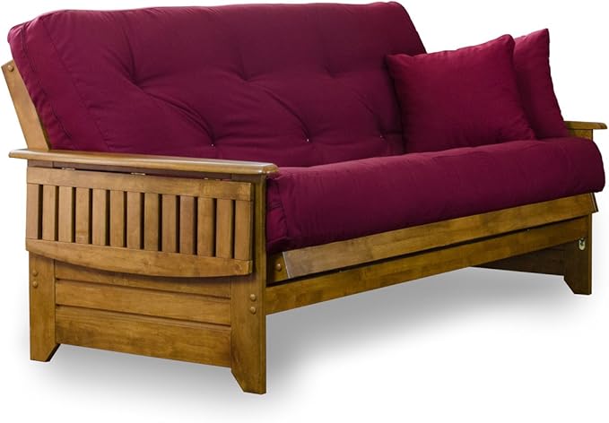 Nirvana Futons Brentwood Tray Arm Futon Sofabed Set - Full Frame, 8" Thick Burgundy Mattress, Rich Heritage Finish