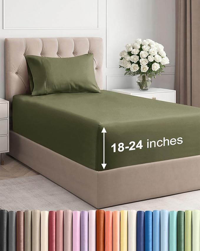 Extra Deep Pocket Twin XL Sheets - 3 Piece Breathable & Cooling Bed Sheets - Hotel Luxury Bed Sheet Set - Soft, Wrinkle Free & Comfy - Easily Fits Extra Deep Mattresses - Deep Pocket Sage Green Sheets