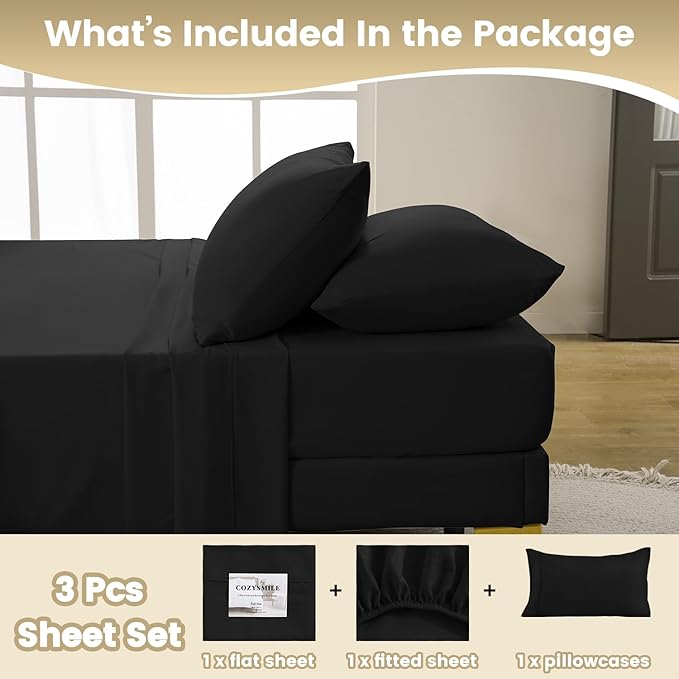 Twin Sheet Set - 3 Piece Super Soft Breathable Bed Sheet & Pillowcase Set, 16" Deep Pocket Hotel Luxury Wrinkle Free Easy Care Bedding Sheets, Black