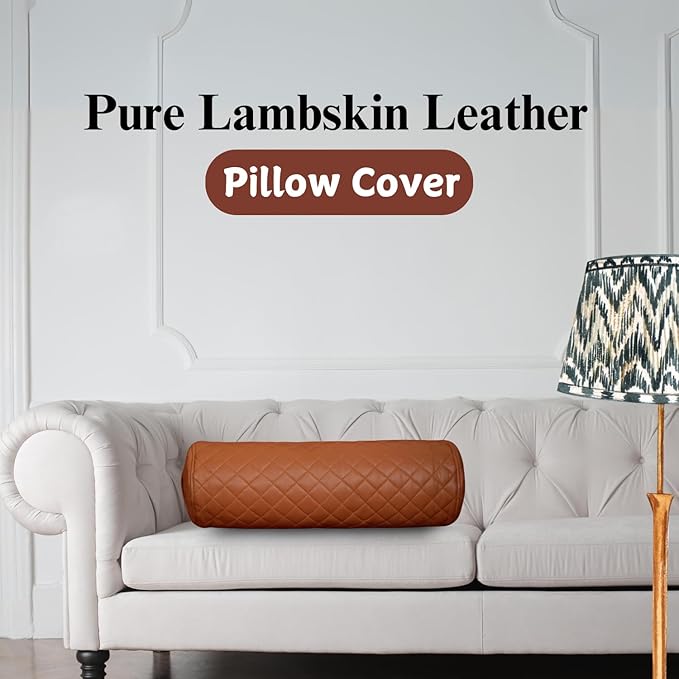 Neck Roll Pillow Cushion Cover, 22x6 Inch Full Moon Round Bolster Pillow Case, Cylinder Soft Lambskin Leather Pillowcase for Head, Spine & Neck Support During Sleep - Quilted Tan Pack of 1