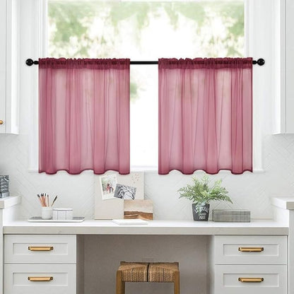 MIULEE Short Sheer Curtains 30 Inch Length for Kitchen Bathroom Cafe Half Window Treatment, Rod Pocket Tier Curtains 2 Panels, 29x30 Inches Long, Maroon Red