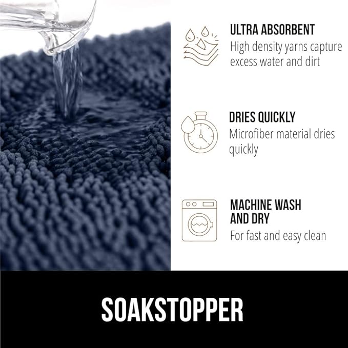 GORILLA GRIP SOAKSTOPPER Dog Door Mat, Machine Washable Rug Absorbent Doormat Captures Moisture Mud Dirt, Quick Dry Soft Chenille Entryway Rugs Indoor Entrance Mats for Dog Paws, 24x17 Navy Blue