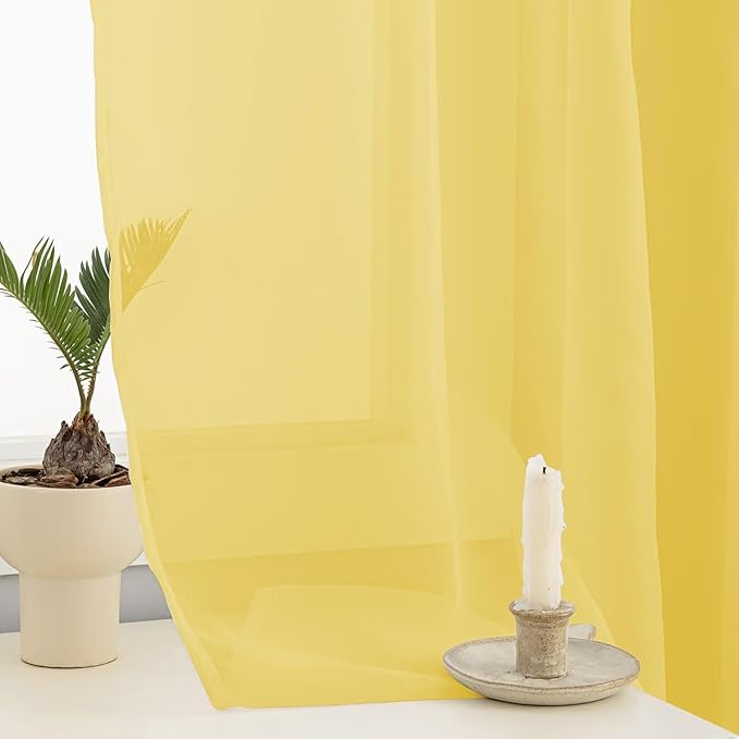 Sheer Curtains 63 Inches Long 2 Panels, Rod Pocket Short Curtain for Kitchen, Bedroom, Cafe Window(Yellow 38" W x 63" L)
