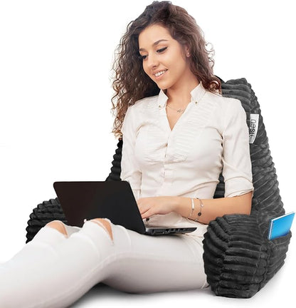 Nestl Reading Pillow with Shredded Memory Foam, Luxe Cut Plush Back Pillow for Sitting Up in Bed, Back and Arms Adjustable Support for Adult & Teens, Backrest Pillows with Washable Cover Dark Grey