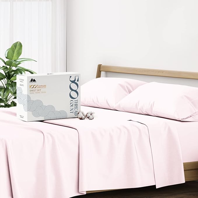 Mayfair Linen 500 Thread Count Full Cotton Sheets - 4 PC Full Size Bed Sheet Set Cotton (Blush), Soft, Cooling, Sateen Hotel-Quality 16" Deep Pocket Bedsheet for Hot Sleepers (Fits 18" Mattress)