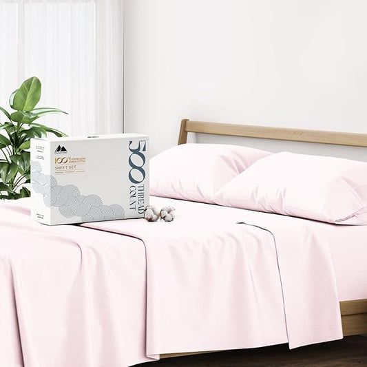 Mayfair Linen 500 Thread Count Full Cotton Sheets - 4 PC Full Size Bed Sheet Set Cotton (Blush), Soft, Cooling, Sateen Hotel-Quality 16" Deep Pocket Bedsheet for Hot Sleepers (Fits 18" Mattress)