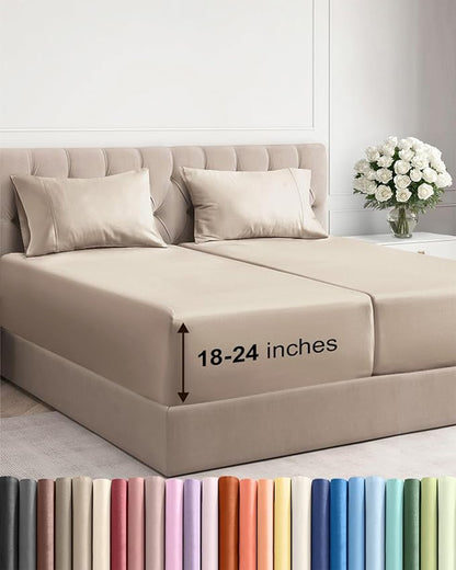 Extra Deep Pocket Split King Sheets - 5 Piece Breathable & Cooling Bed Sheets - Hotel Luxury Bed Sheet Set - Soft, Wrinkle Free & Comfy - Easily Fits Extra Deep Mattresses - Deep Pocket Wheat Sheets