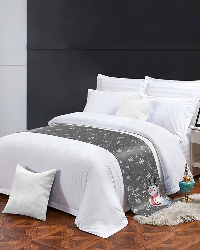 Christmas Snowman Winter Snowflakes Bed Runners for Bedroom Hotel,Decorative Bedding Scarf Gray White Bed End Blanket Bedding Runner Scarves for Full Size Bed,83x20in