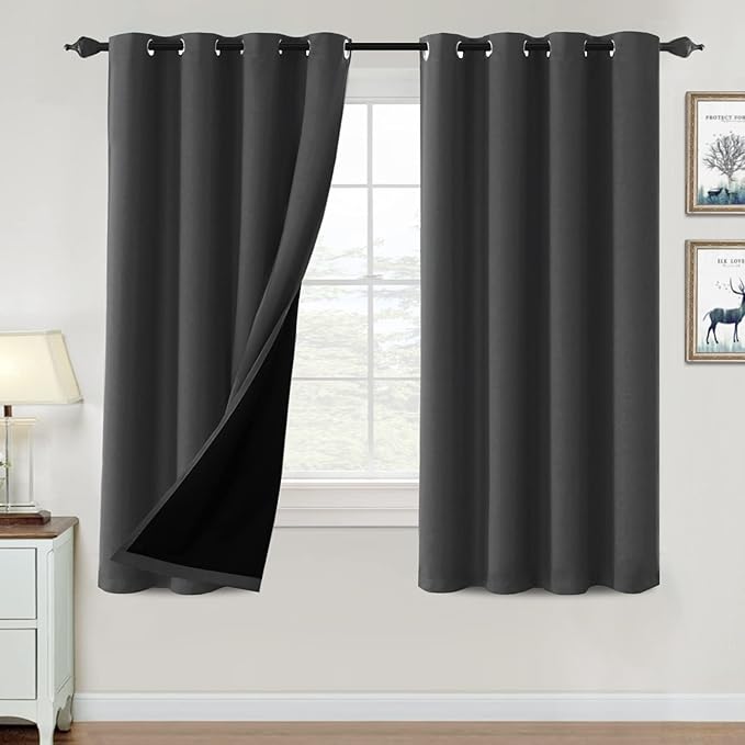 H.VERSAILTEX 100% Blackout Curtains for Bedroom Thermal Insulated Blackout Curtains 63 inch Length Heat and Full Light Blocking Curtains for Living Room with Black Liner 2 Panels, Charcoal Gray