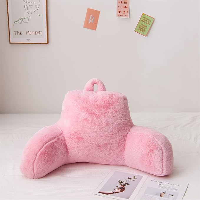 Aimuan Reading Pillow Bed Rest Pillow with Arms Rabbit Fur Cushion for Adults Teens Incline Rest Sitting up & Sleeping Snoring Pillow with Pregnancy Lumbar Back Support (Standard, Pink)