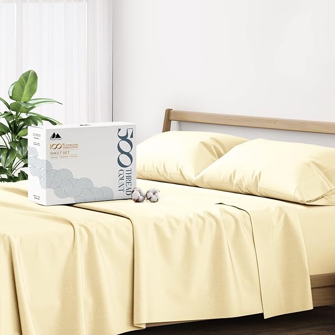 Mayfair Linen 100% Cotton Bed Sheets California King Sheet Set - 500 Thread Count Sheets Cal King Size 4 PC Set (Ivory), Soft, Cooling, 16" Deep Pocket Sateen Weave Cotton Bedsheet for Hot Sleepers