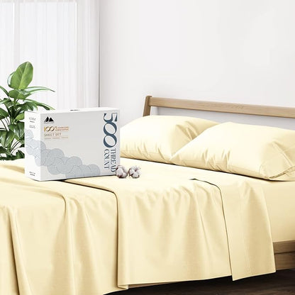 Mayfair Linen 100% Cotton Bed Sheets California King Sheet Set - 500 Thread Count Sheets Cal King Size 4 PC Set (Ivory), Soft, Cooling, 16" Deep Pocket Sateen Weave Cotton Bedsheet for Hot Sleepers