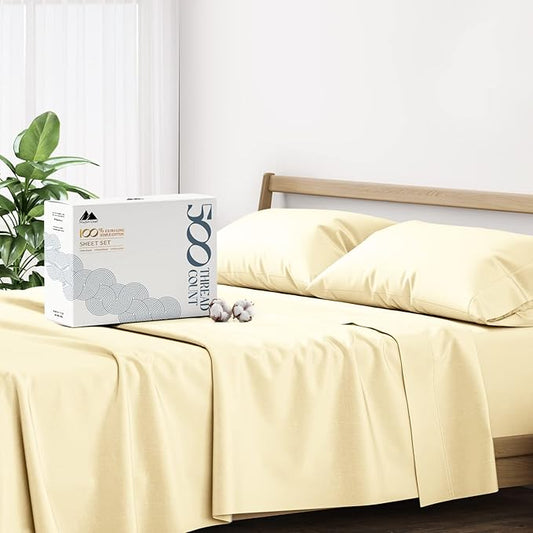 Mayfair Linen 500 Thread Count California King Cotton Sheets - 4 PC Cal King Size Bed Sheet Set Cotton (Sand), Soft, Cooling, Sateen Weave 16" Deep Pocket Bedsheet for Hot Sleepers (Fits 18" Mattress)