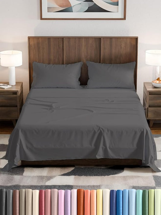 Olympic Queen Sheet Set 66x80 - 4 Piece RV Olympic Queen Size Sheets - Soft, Breathable & Cooling - Fits 14” to 16" Mattress w/ Deep Pockets - Comfy Luxury Bedding - Fade & Wrinkle Free - Dark Grey