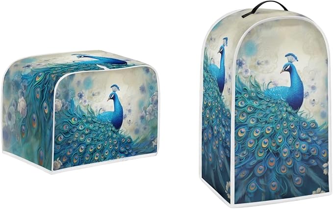 Blue Peacock Print Appliance Covers Set Washable Kitchen Blender Dust Cover Bread Maker Toaster Cover 4 Slice Kitchen Accessories