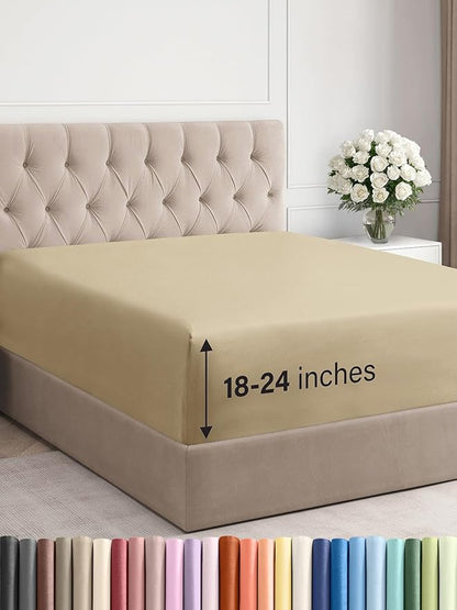 Extra Deep King Fitted Sheet - Hotel Luxury Single Fitted Sheet Only - Easily Fits 18 inch to 24 inch Mattress - Ultra Soft, Wrinkle Free w/Extra Deep Pockets - Easy-Care, Breathable & Comfy - Beige
