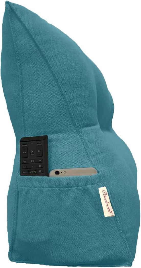 Triangular Reading Bed Rest Pillow Large Bolster Cushion Headboard Backrest Wedge Pillow with Removable Cover and Two Large Side Pockets (Teal Blue, Twin: 39 x 8 x 20 inches)