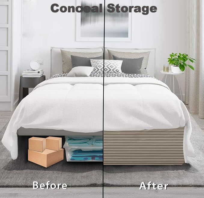 Queen Bed Skirt-Box Spring Cover with 14 Inch Tailored Drop,Wrinkle and Fade Resistant Hotel Wrap Around Bed Skirts,Bed Frame Cover (Horizontal Stripe Light Khaki, Queen)
