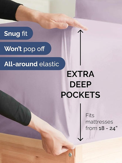 Extra Deep Queen Fitted Sheet - Hotel Luxury Single Fitted Sheet Only - Easily Fits 18 inch to 24 inch Mattress - Ultra Soft, Wrinkle Free w/Extra Deep Pockets - Breathable & Comfy - Light Lavender