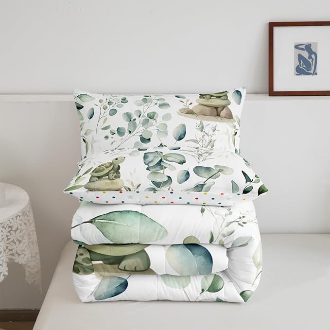 Erosebridal Kawaii Turtle Full Bedding Sets for Boys Girls Cartoon Animal Comforter Set, Eucalyptus Leaves Bedding Comforter Sets Marine Wildlife Duvet Insert, Tropical Botanical Plants Down Comforter