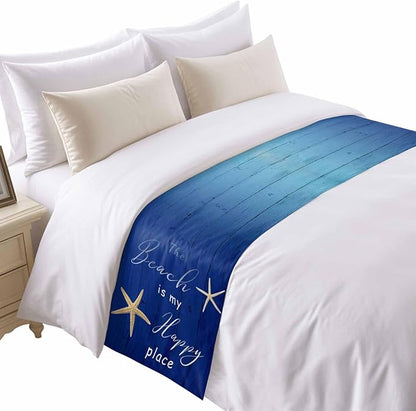Happy Beach Place Marine Starfish Bed Runners for Bedroom Hotel,Decorative Bedding Scarf Gradient Blue Wood Grain Bed End Blanket Bedding Runner Scarves for Full Size Bed,83x20in