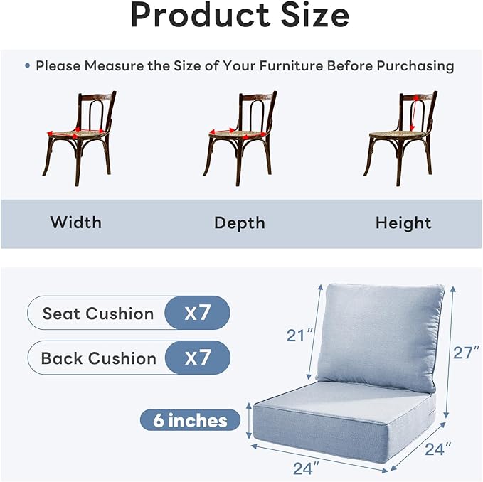 6" Thicker Outdoor Chair Cushion 7 Sets - 24" *24" *6" Waterproof Patio Furniture Cushions with Removable Cover, 28D High Density Sponge Filling Thicken Outdoor Patio Cushions - Baby Blue