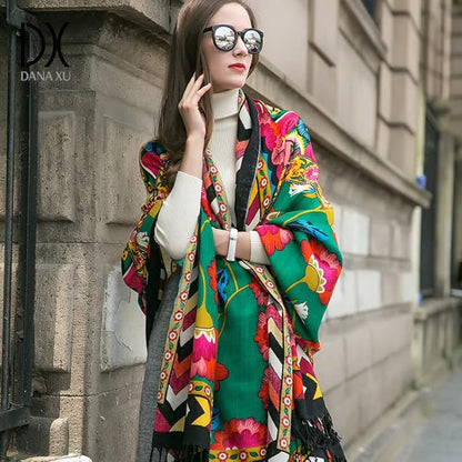 DANA XU 100% Merino Wool Pashmina Shawl for Women 96"x43", Oversized Cashmere Wrap with Tassels, Floral Travel Blanket Cape