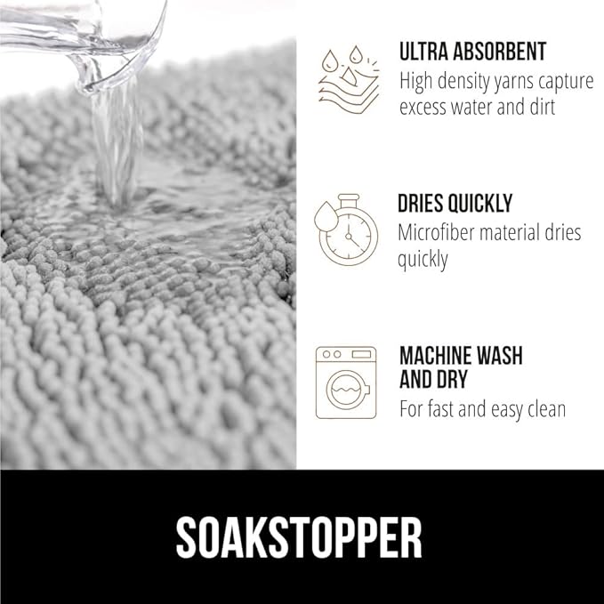 GORILLA GRIP SOAKSTOPPER Dog Door Mat, 48x30 Machine Washable Rug Absorbent Doormat Captures Moisture Mud Dirt, Quick Dry Soft Chenille Entryway Rugs Indoor Entrance Mats for Dog Paws, Light Gray