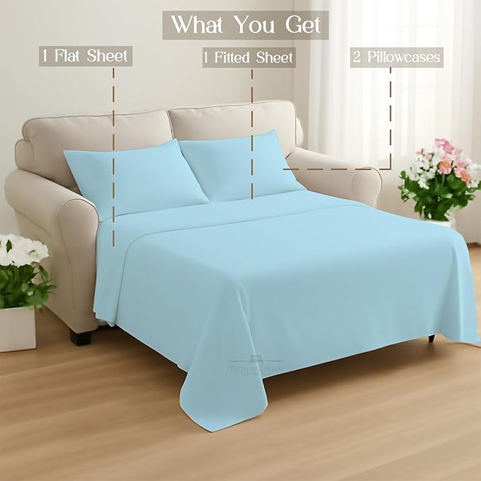 Sleeper Sofa 4 Piece Bed Sheet Set Premium Quality 100% Cotton 500 Thread Count, Smooth & Super Soft Sateen Weave, Extra Soft Bed Sheets, Wrinkle Free, 6 Inch Deep Pocket (Twin, Light Blue)
