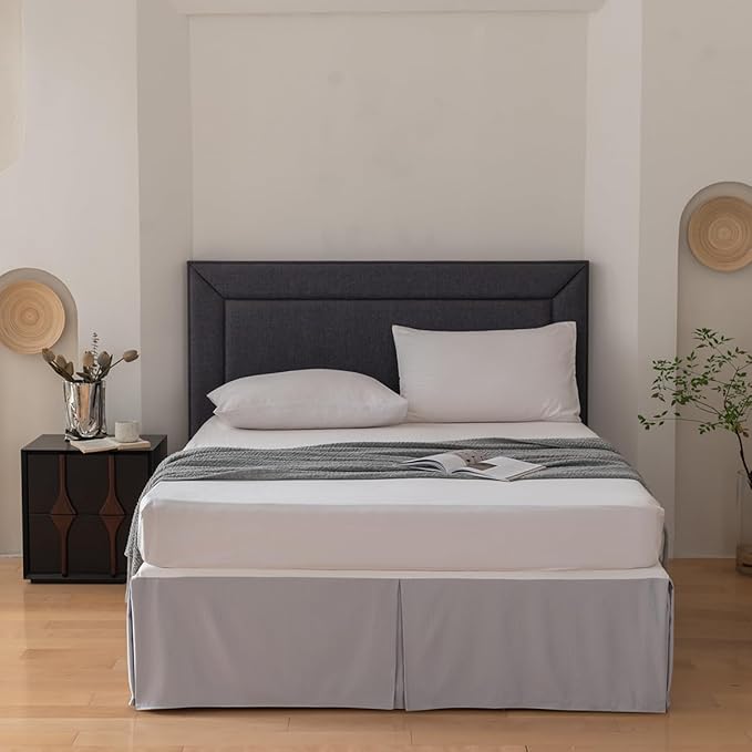 Queen Bed Skirt, Grid Plaid Soft Quadruple Pleated Ruffle Bed Skirt, Tailored Dust Ruffle 14 Inch Drop Easy Fit, Machine Washable (Silver Grey)