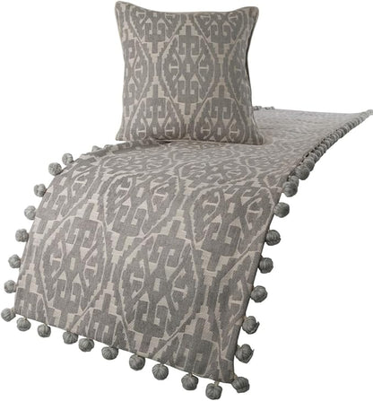 The HomeCentric Grey Bed Runner, Twin Size 53"x18" Decorative Bed Runner with 2 Matching Pillow Cover, Grey Cotton Bed Scarf in Aztec Pattern with Tassels - Grey Aztec
