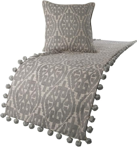 The HomeCentric Grey Bed Runner, Twin Size 53"x18" Decorative Bed Runner with 2 Matching Pillow Cover, Grey Cotton Bed Scarf in Aztec Pattern with Tassels - Grey Aztec