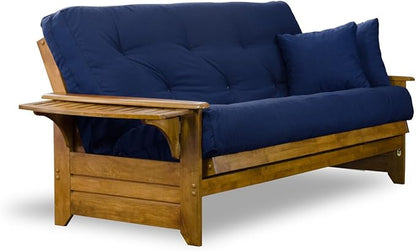 Nirvana Futons Brentwood Tray Arm Futon Sofabed Set - Queen Frame, 8" Navy Blue Mattress, Rich Heritage Finish